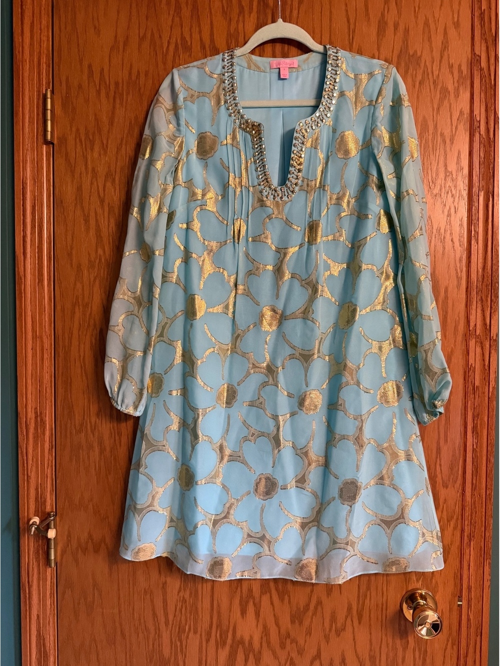 LILLY PULITZER Colby Tunic Dress Blue Silk Gold SIZE 4 - Picture 2 of 5